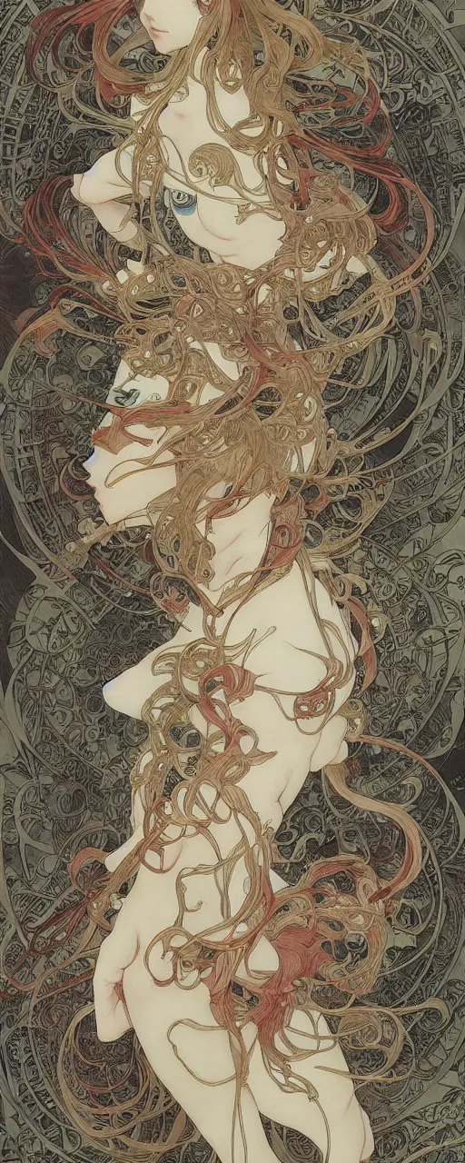 Image similar to yoshitaka amano anime painting, intricate line drawings, pen and ink, alphonse mucha, claire wendling, kentaro miura, ruan jia