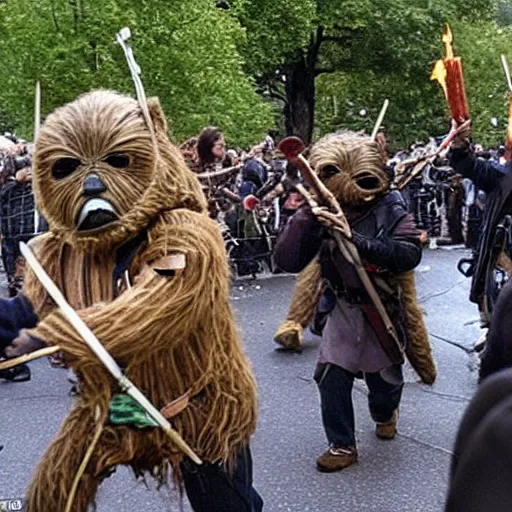 Image similar to a still of hundreds of ewoks rioting in front of a the white house in washington.!!!, flaming torches and pitchforks