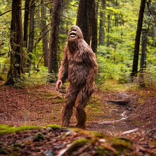 Image similar to photo of a Bigfoot in the forest, 50mm, golden hour, beautiful photo