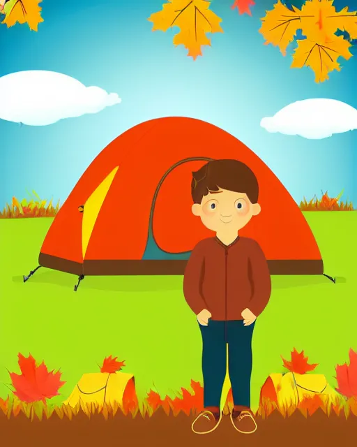 Image similar to autumn hillside boy with camping bag illustration light color