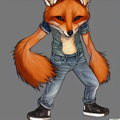 Prompt: A fox with a small head wearing a t-shirt and jeans, trending on FurAffinity, energetic, dynamic, digital art, highly detailed, FurAffinity, digital fantasy art, FurAffinity, favorite