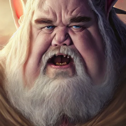 Prompt: hyper realistic, lord of the rings, close up portrait of a mega derpy john candy, big chungus, with bunny ears, stoned, by greg rutkowski, scott m fischer, artgerm, loish, slight glow, atmospheric, anne stokes, alexandros pyromallis