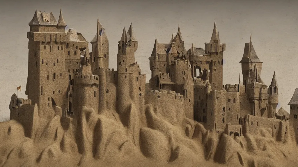 Prompt: open angle photo of a castle made of sand, matte painting,