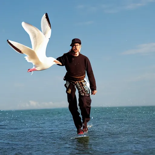 Image similar to a man riding a seagull into battle, anime