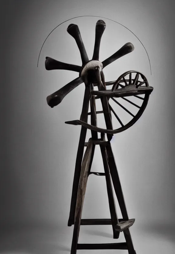 Image similar to a spinning wheel sitting on top of a stool, a surrealist sculpture by marcel duchamp, behance, fluxus, studio portrait, academic art, studio light