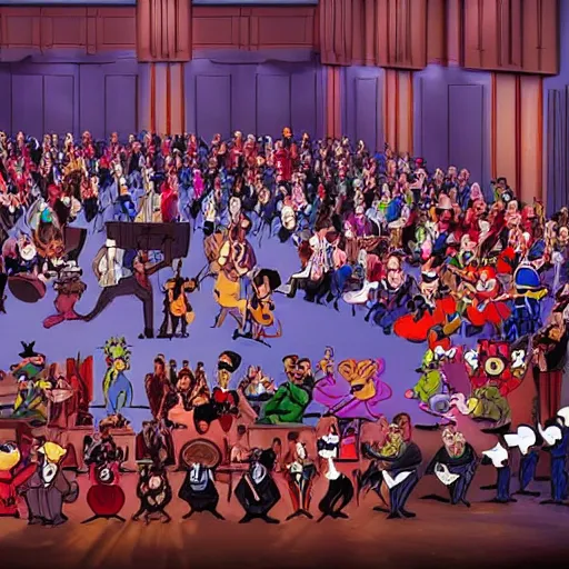 Image similar to an orchestra of various Looney Tunes characters playing a concert in a large concert hall. In the audience is a crowd of Marvel villains is sitting in the audience. realistic, photorealistic, 4k