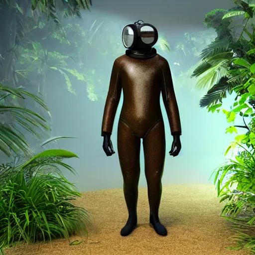 Prompt: a man wearing a 1 9 0 0 diving suit, walking through a lush jungle, realistic octane render, ray traced, god rays, extremely high detail