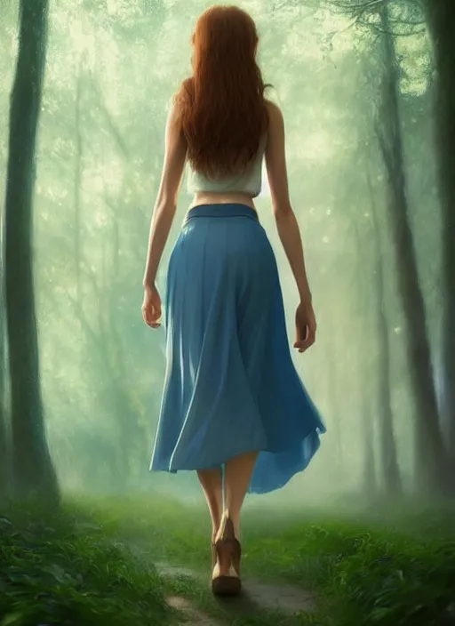 Image similar to young woman walking short blue skirt : : magic raining forest nature : : weta disney pixar movie still photo : : decadent highly - detailed digital painting, full length shot, golden ratio, octane render, artstation, smooth, sharp focus, artgerm, mucha, loish, wlop, gogo