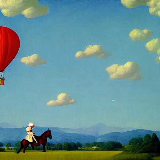 Prompt: a pure lady riding her horse, hot-air-balloon in the background, by Raphael, Hopper, and Rene Magritte. detailed, romantic, enchanting, trending on artstation.
