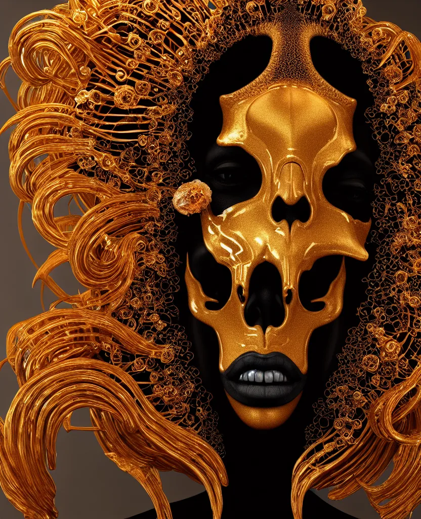 Image similar to black background. goddess princess face close-up portrait ram skull. sculpture made of gold and brilliants. jellyfish phoenix head, nautilus, orchid, skull, betta fish, bioluminiscent creatures, intricate artwork by Tooth Wu and wlop and beeple. octane render, trending on artstation, greg rutkowski very coherent symmetrical artwork. cinematic, hyper realism, high detail, octane render, 8k