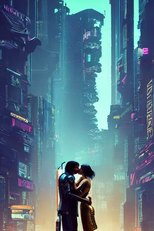 Image similar to a cyberpunk 2077 couple portrait of Keanu Reeves & female android final kiss in the night city,love,by Laurie Greasley,Lawrence Alma-Tadema,Dan Mumford,Andrei Riabovitchev,John Wick,Replicas,artstation,deviantart,FAN ART,Digital painting,face enhance,highly detailed,8K,octane,golden ratio,cinematic lighting