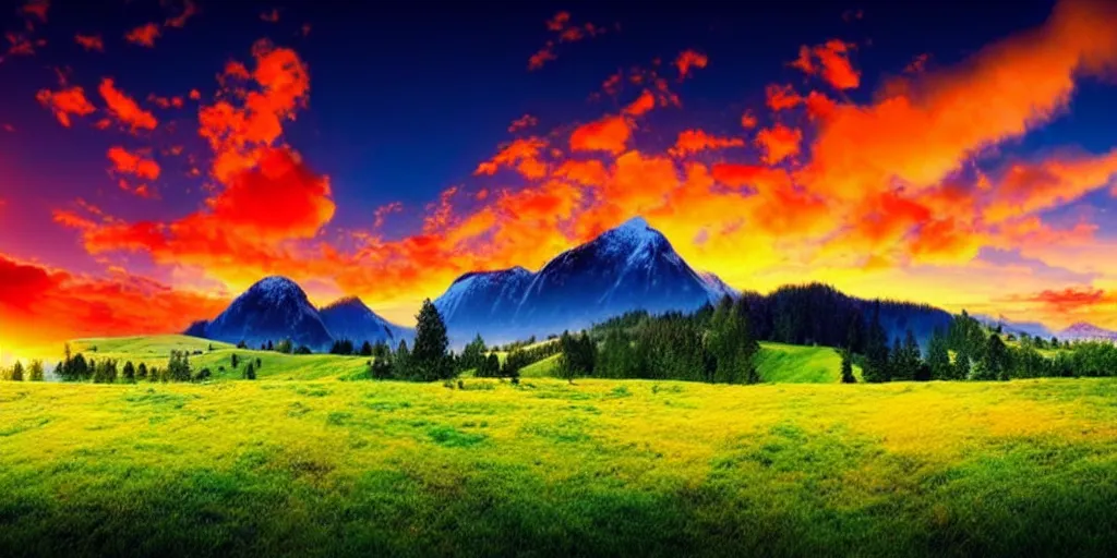 Prompt: a beautiful fantasy landscape art, orange clouds, blue sky and green grassland, snowy mountains