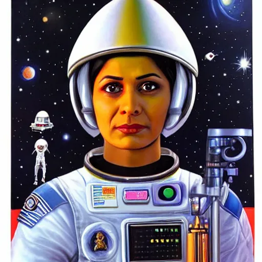 Image similar to a female space cadet from india, resting after a hard mission, happily tired, sci fi character portrait by Jason Edmiston