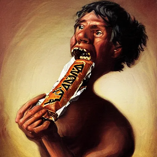 Image similar to saturn devouring a snickers chocolate bar, goya painting, in the style of goya and greg rutkowski, in the style of black paintings, 8 k, highly realistic