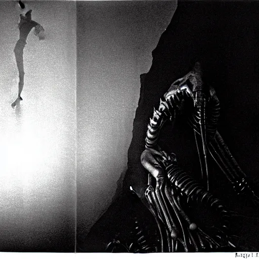 Image similar to a close - up, ultra detailed black & white studio photographic portrait of a loud screeching giant, bat - like creature flying towards you, you are exploring an alien planet and come across a strange, dark cave, dramatic backlighting, 1 9 7 3 photo from life magazine, by keith thompson, h. r. giger, in the style of the movie aliens