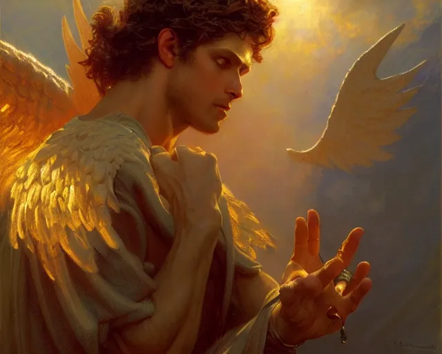 Image similar to attractive angel male deity, casting magic, summoning handsome lucifer morning star. highly detailed painting by gaston bussiere, craig mullins, j. c. leyendecker 8 k