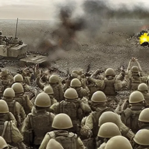 Image similar to movie still from saving private ryan with soldiers replaced with minions, action, d - day