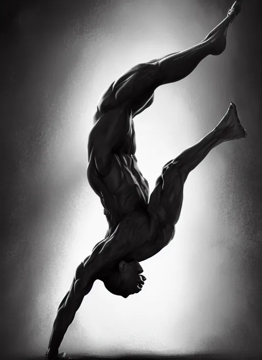 Image similar to male handstand, dramatic pose, flowing, detailed abstract world, wind, dramatic lighting, matte colors, bright paint, digital concept art trending on artstation, 4 k