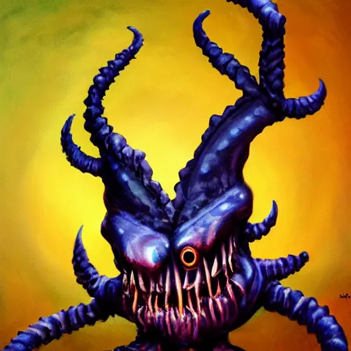 Image similar to oil painting of a horrifying eldritch abomination that just wants to be your friend, hypercute, sharp highlights, amazing textured brush strokes, accurate shape, cinematic soft volumetric studio lighting, 4k, VFX, HDR