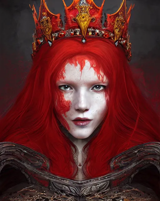 Image similar to redhead queen in heavy red armor, inside an epic gothic castle, baroque, large crown, face with scars, mad grin, intimidating, ominous, high fantasy, intricate detail, digital painting, artstation, concept art, smooth, sharp focus, illustration, art by yoshitaka amano and monia merlo and wlop