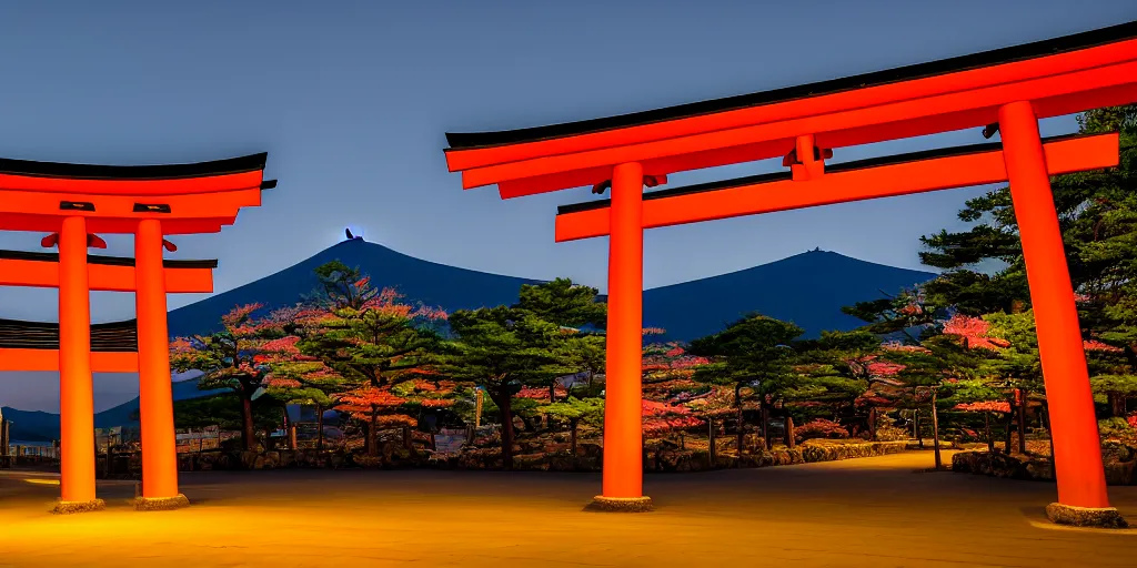 Prompt: A night photo of a school bus driving towards a Japanese Torii gate at Mount Fuji location in Japan, time travel, 4K, global illumination, ray tracing