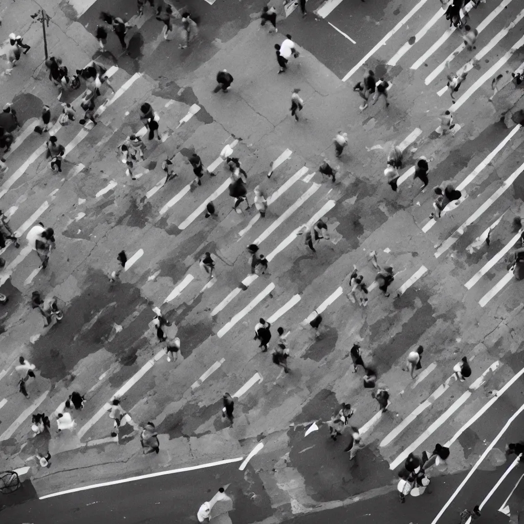 Image similar to a black and white photo of people crossing a street, a tilt shift photo by ned m. seidler, featured on pexels, photorealism, streetscape, anamorphic lens flare, dynamic composition