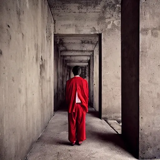 Prompt: portrait of a ghots in red clothes, staying in concrete corridor, dark, moody, by Zhang Kechun