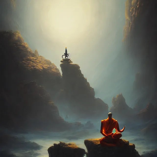 Image similar to in the style of peter mohrbacher, a glowing monk floating and meditating on a rock, dystopian landscape, intricate, masterpiece, award winning, fantasy, hyperrealism intricate