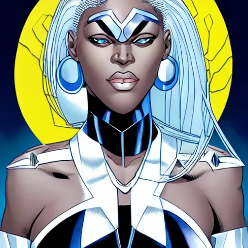 Prompt: Portrait of Ororo Munroe, a beautiful African woman in her 30s, with white hair and piercing blue eyes, symmetrical face, detailed face, gentle face, kind expression, heroic, graphic novel, art by Chris Bachalo and Michael Choi and Alan Davis,