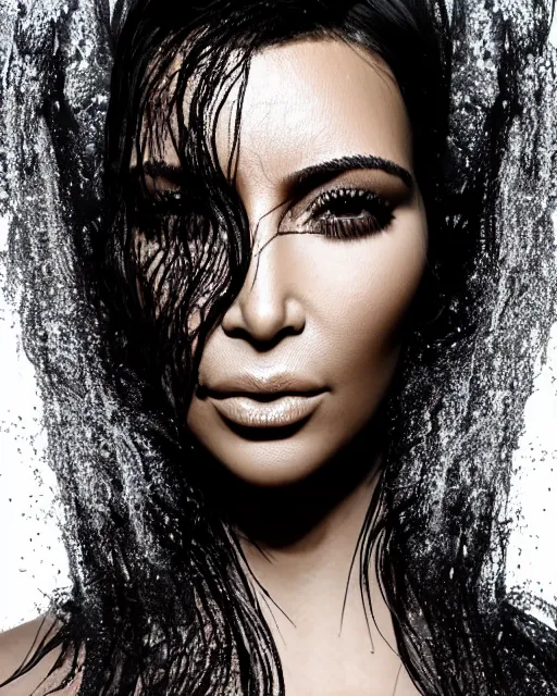 Image similar to epic full - ov - shot still of kim kardashian unconscious wearing a black lace dress in a transparent alien liquid, wet flowing hair, gooey skin, illustration, unreal engine 5, 8 k, made by h. r. giger.