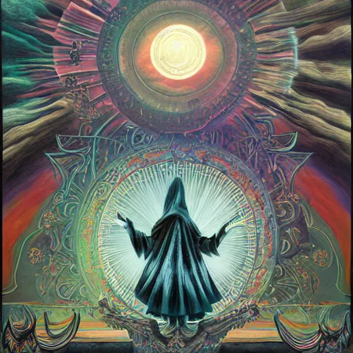 Prompt: a highly detailed occult painting of a witch pointing up, cenobyte, hexglow, contracept, wildcards, denizens, matte painting, glowing eyes, felipe pantone, pascal blanche, pascal blanche, mohrbacher, blanche, and across the face portrait, an expansive view of the sun, intricate details, epic, dramatic, cinematic lighting, hyperrealistic, skeletal, elaborate, furniture, dreamy, machine, robot, cardboard, dark, inception, cinematic lighting, surrealism style, magical, Occult, alchemy, Rene Magritte, Raphael Hopper, muted colors, soft tones, pastel colors, ornate, in the dnd art style on album cover, unreal