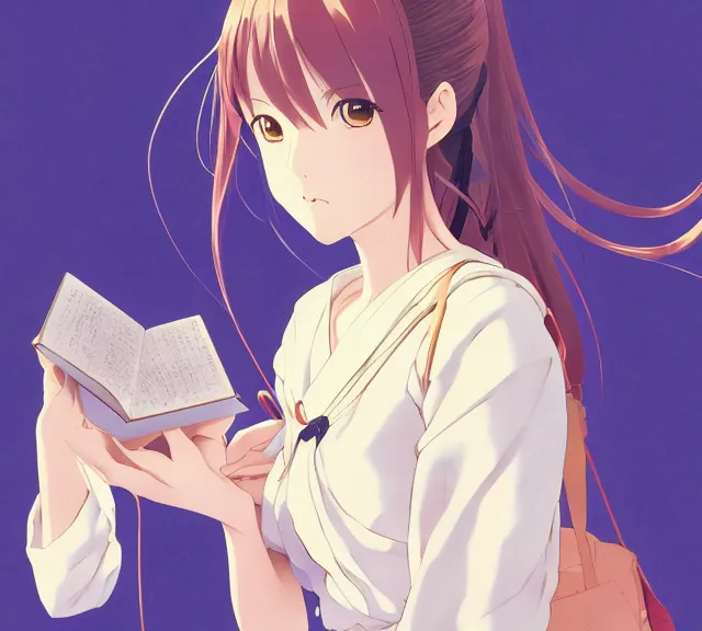 Image similar to anime visual, portrait of a young female traveler in a magic book shop interior, beautiful face by yoh yoshinari, katsura masakazu, studio lighting, dynamic pose, dynamic perspective, strong silhouette, anime cels, ilya kuvshinov, cel shaded, crisp and sharp, rounded eyes, moody, ( detailed character!! ), blue colors!!