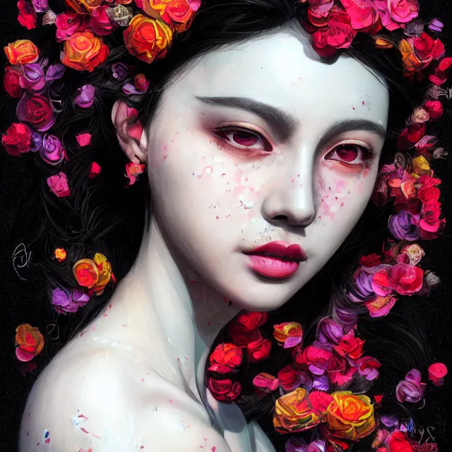 Image similar to studio portrait absurdly beautiful, elegant, graceful, young hypercolorful sensual gravure idol rubies red petals gems, ultrafine hyperrealistic detailed face illustration by kim jung gi, irakli nadar, intricate linework, sharp focus, bright colors, matte, octopath traveler, final fantasy, unreal engine highly rendered, global illumination, radiant light, intricate rainbow environment