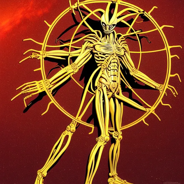 Image similar to full profile of evangelion xenomorph as circular vitruvian man by biomechanical, ultra wide angle, full body, no crop, golden ratio, ultra details