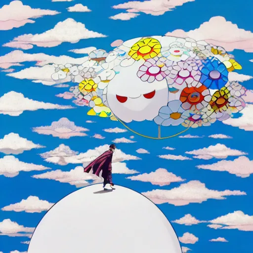 Image similar to a man walking on clouds above kyoto by takashi murakami, beeple and james jean, aya takano color style, 4 k, super detailed