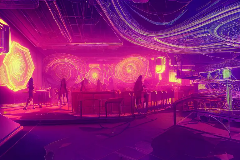 Image similar to a centered render of intricate modular synthesizer nightclub surrounded by ethereal lights and fractal geometry, cinematic, beautifully lit, by artgerm, by beeple, by karol bak, by donato giancola, by atelier olschinsky, 3 d, trending on artstation, octane render, 8 k