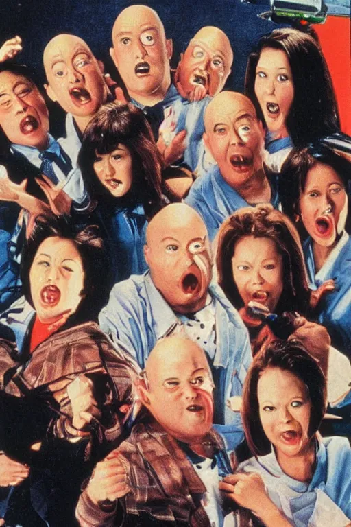 Image similar to coneheads, japanese vhs cover art, detailed facial expressions