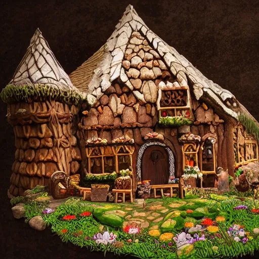 Image similar to a medieval hobbit house made of ginger bread, ornate, beautiful, atmosphere, vibe, flowers, concept art illustration, color page, 4 k, tone mapping, doll, akihiko yoshida, james jean, andrei riabovitchev, marc simonetti, yoshitaka amano, digital illustration, greg rutowski, volumetric lighting, sunbeams, particles