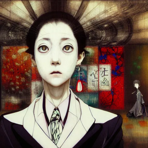 Image similar to yoshitaka amano blurred and dreamy realistic three quarter angle horror portrait of a sinister young woman with short hair, big earrings and white eyes wearing office suit with tie, junji ito abstract patterns in the background, satoshi kon anime, noisy film grain effect, highly detailed, renaissance oil painting, weird portrait angle, blurred lost edges