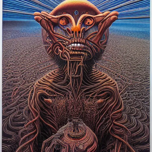 Prompt: omnious 5-dimensional DMT entity deity by jacek yerka, alex gray, zdzisław beksiński, dariusz zawadzki, jeffrey smith and h.r. giger, oil on canvas, 8k highly professionally detailed, trending on artstation