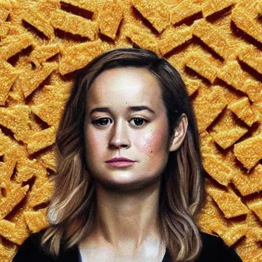 Prompt: a portrait made out of cheese of brie larson