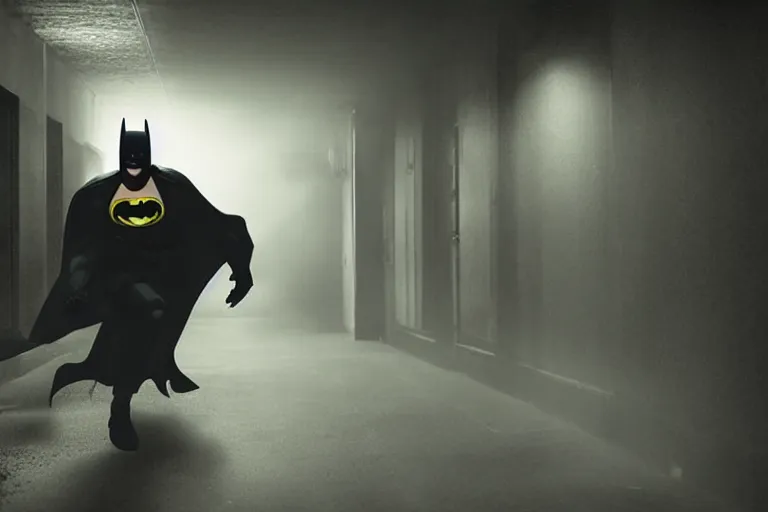 Prompt: batman wielding axe, chasing man through hallway, atmospheric eerie lighting, bodycam