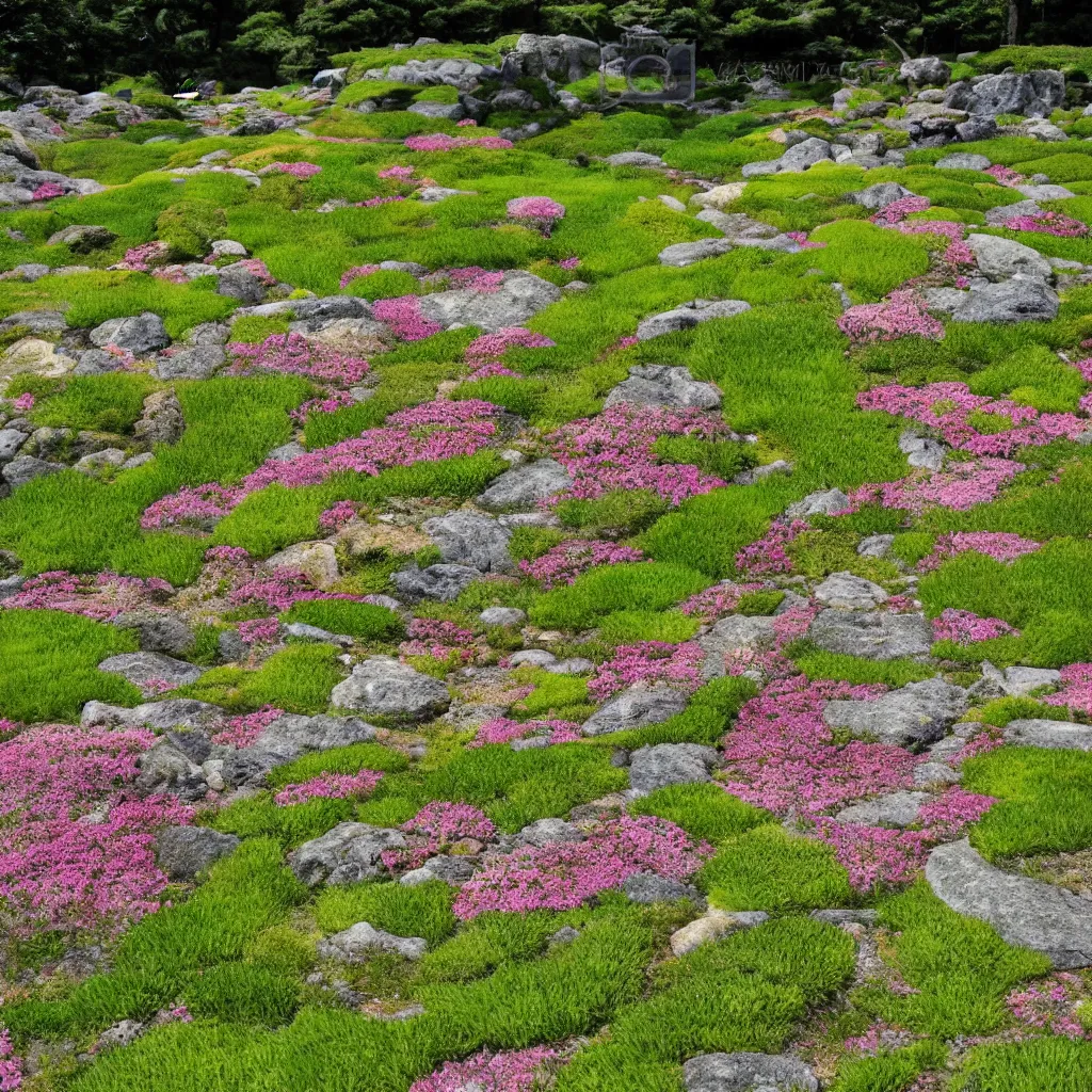 Image similar to Japanese meadow, highly detailed, with flowers and stones