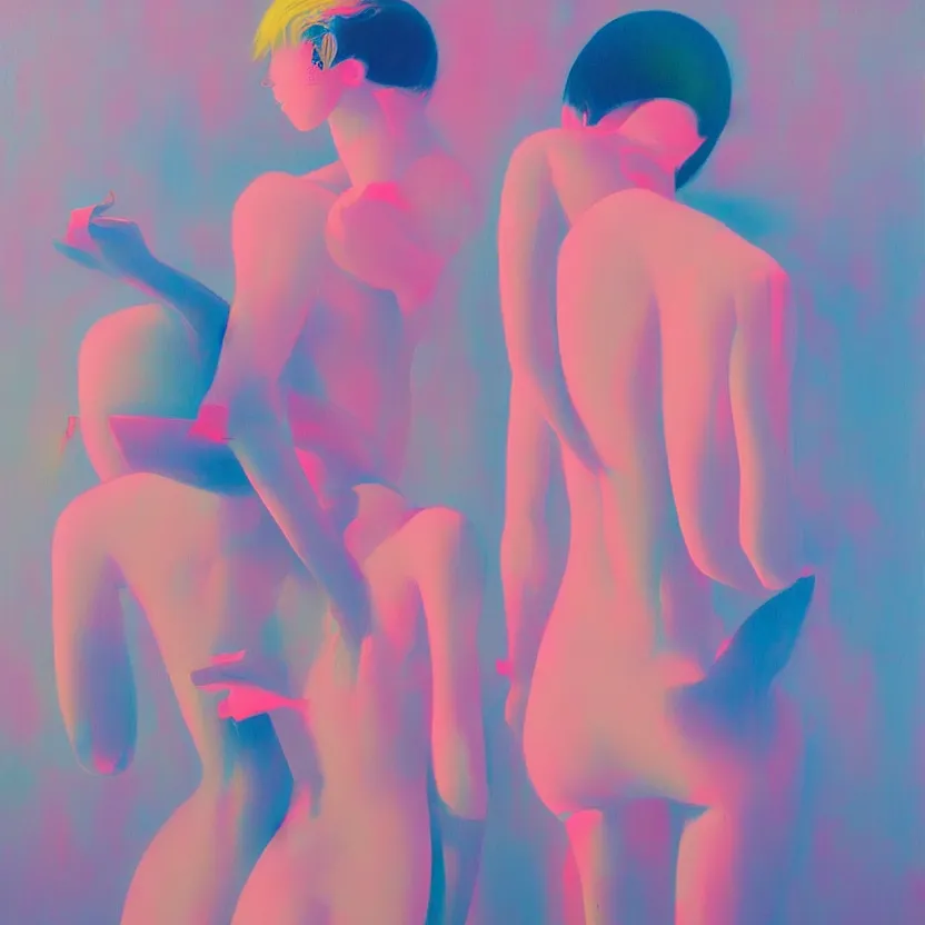 Image similar to neopop fine art western figurative painting with modern youth music culture influences by yoshitomo nara in an aesthetically pleasing natural and pastel color tones