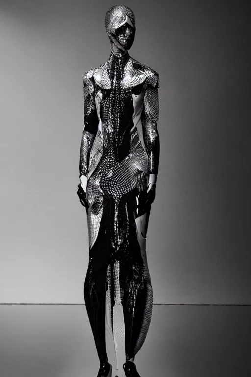 Prompt: futuristic haute couture dress styled by iris van herpin, yoji shinkawa, sharp detailed lines