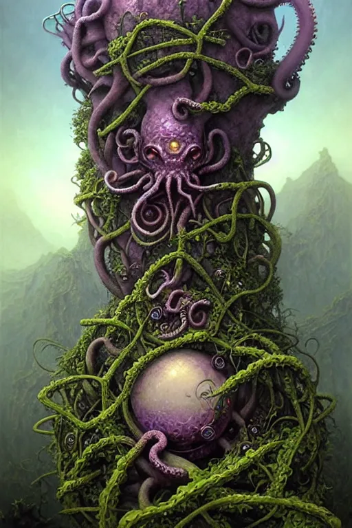 Image similar to On a domed structure made of tentacled rock vines, there is an orc fused and blended with the vines, a purple crystal pulsing in his chest, orc on vines, orc fused with vines, orc merged with vines, Peter Mohrbacher, Beksiński and Jeff Easley, artwork by Peter Mohrbacher, Zdzisław Beksiński and Jeff Easley