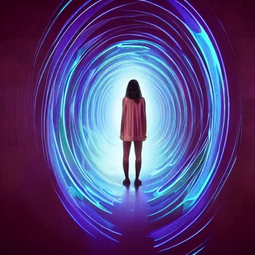 Prompt: a woman standing in front of a portal to another dimension