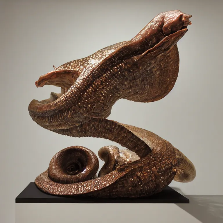 Image similar to hyperrealistic sculpture of a bronze fossilized stingray ammonite atop a gridded red metallic block pedestal by ron mueck and duane hanson and lee bontecou, hyperrealistic dramatic colored lighting trending on artstation 8 k