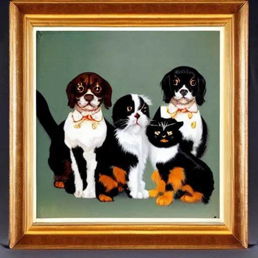 Prompt: one Cavalier King Charles Spaniel and two ragdoll kittens and one black cat drinking beer in the style of norman rockwell