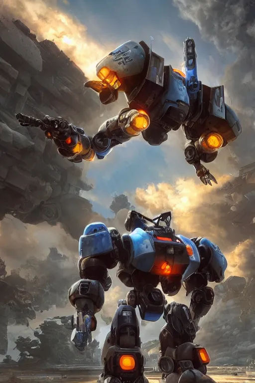 Image similar to mechwarrior 5 : mercenaries mech megaman transformer robot boss tank engine game octane render, 4 k, hd 2 0 2 2 3 d cgi rtx hdr style chrome reflexion glow fanart, global illumination ray tracing hdr fanart arstation by ian pesty by jesper ejsing pixar and disney unreal zbrush central hardmesh